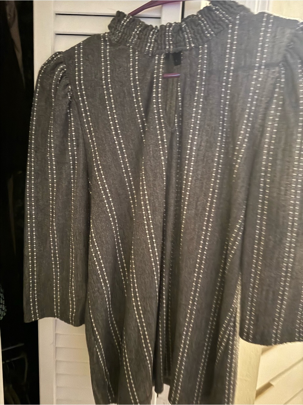 W5 Gray Striped Ruffle-Neck Blouse